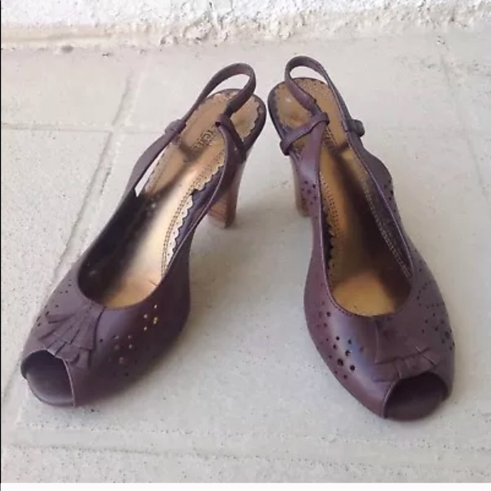 Seychelles Brown Peep Toe High Heels Sz 8 Sling Back Leather Cutout Womens Shoes